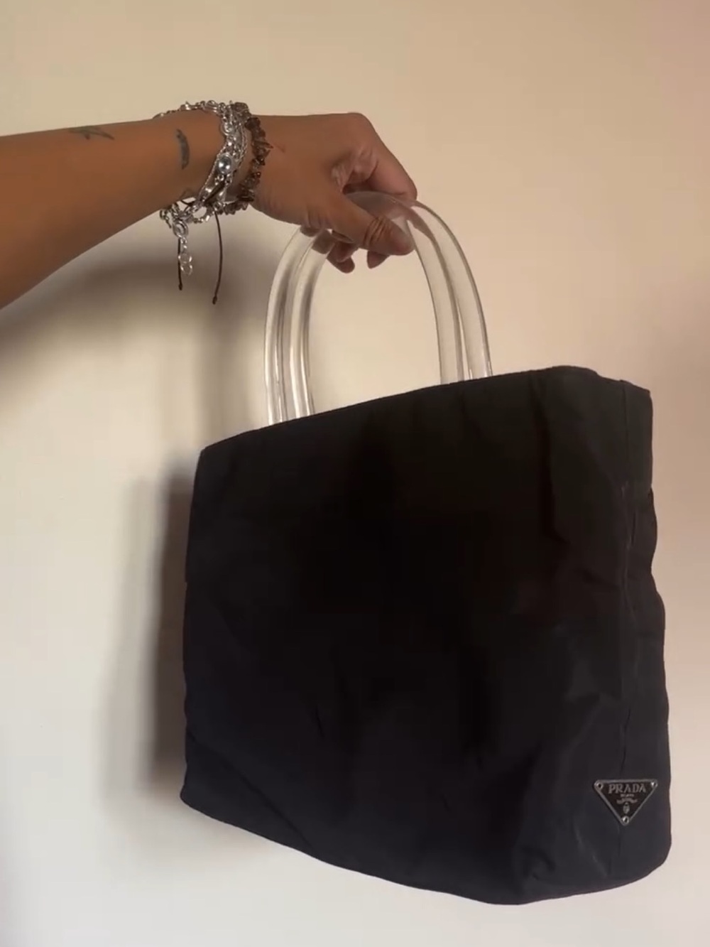 Prada Black Nylon Tote with Clear Acrylic Handles
